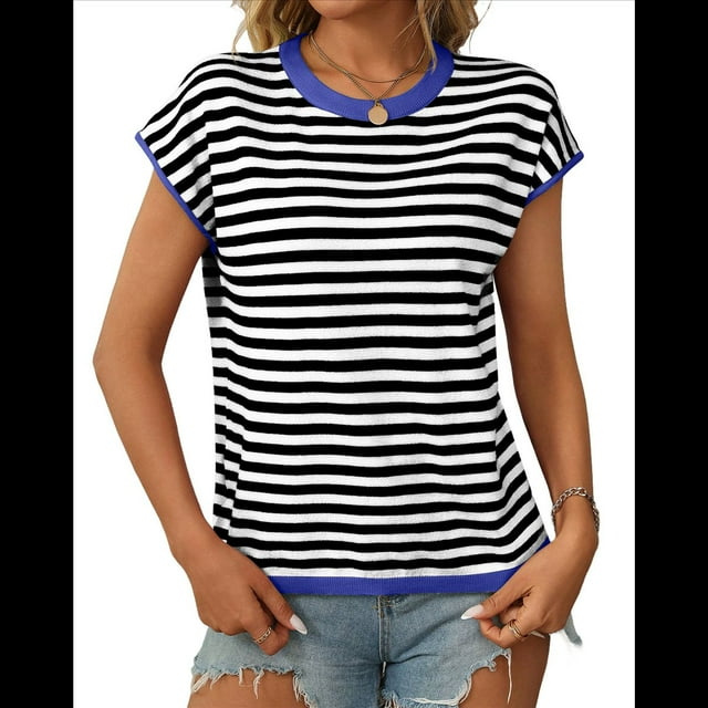 Camisetas de Mujer Elegantes, Informales, de Corta, con Bloques de Color, A Rayas y Cuello Redondo, Color Azul XL