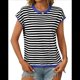 thumbnail image 1 of Camisetas de Mujer Elegantes, Informales, de Corta, con Bloques de Color, A Rayas y Cuello Redondo, Color Azul S, 1 of 8