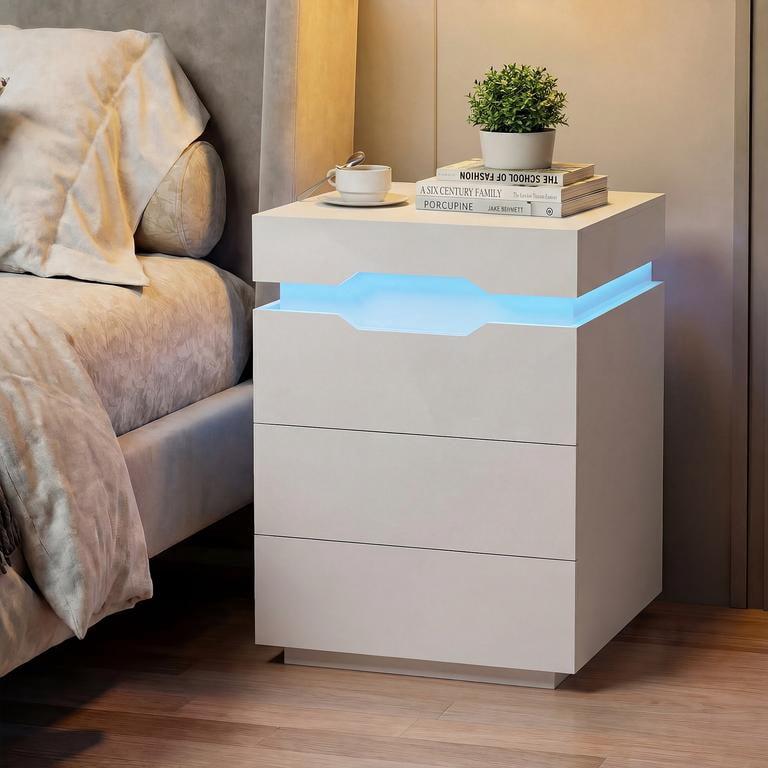 Lacoo Modern End Table with LED Lights & Charging Station, White Nightstand with 3 Drawers & Upper Storage for Living Room Bedroom, 3 Drawer