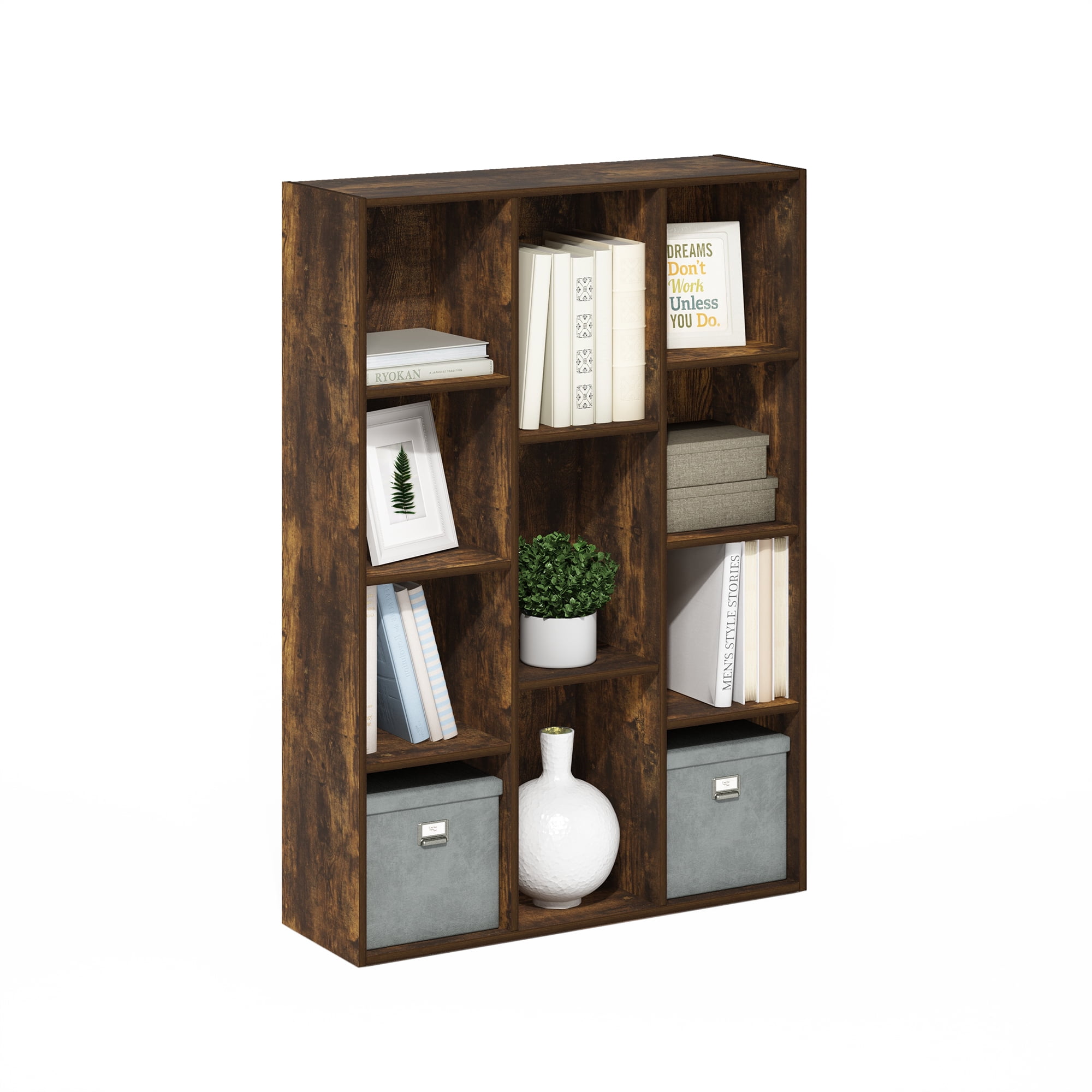 Furinno LUDER 11-Cube Reversible Open Shelf Bookcase in Amber Pine