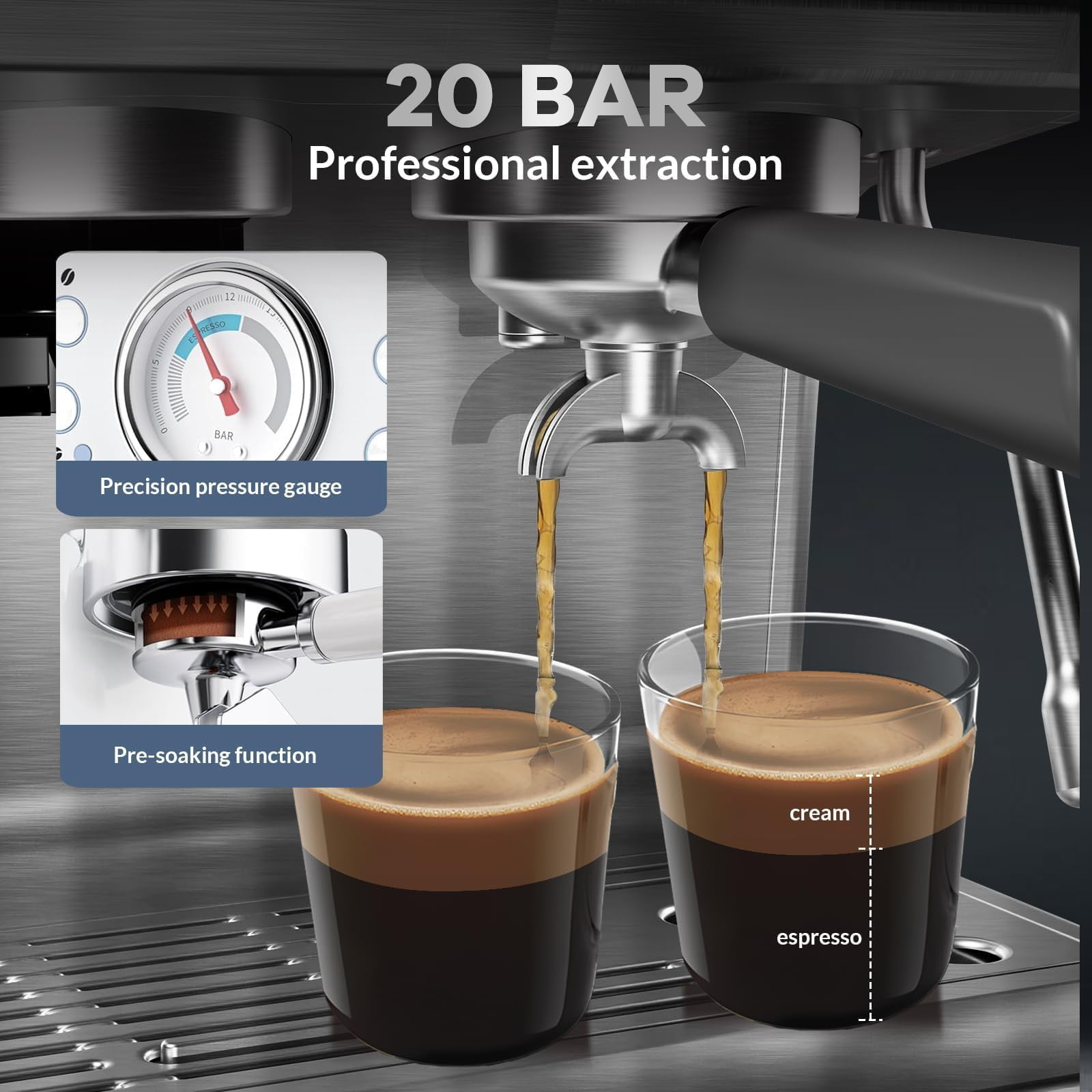 BouPower Espresso Machine, Grinder, 20 Bar Semi-Automatic Coffee Maker with Milk Frother Steam Wand, PID Temperature Control, 2.8L Water Tank,Home Espresso Coffee Maker for Latte, Cappuccino