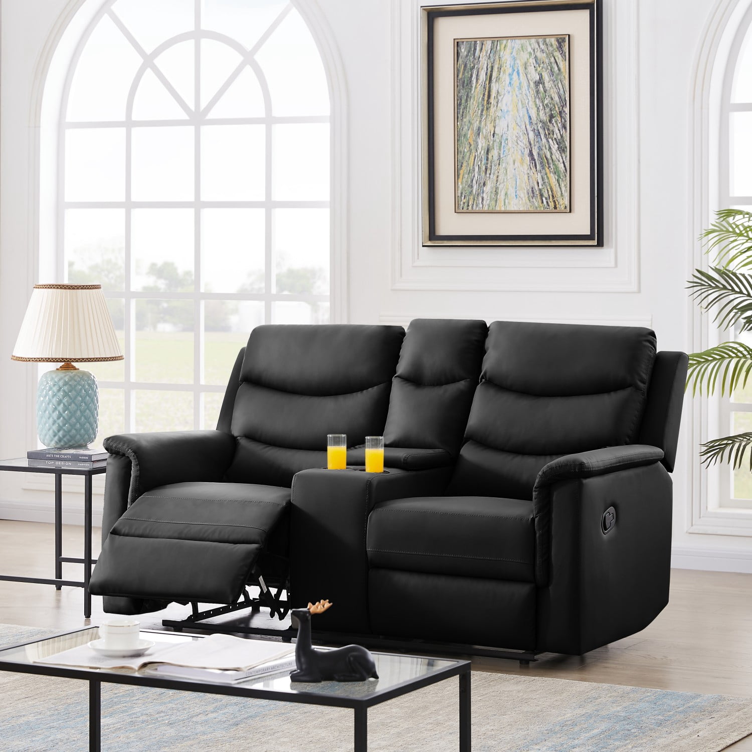 Gewnee Faux Leather Upholstered Modern Recliner Loveseat Sofa Couch,Seat Chair with Cup Holders for Living Room,Apartment, Office for Adult