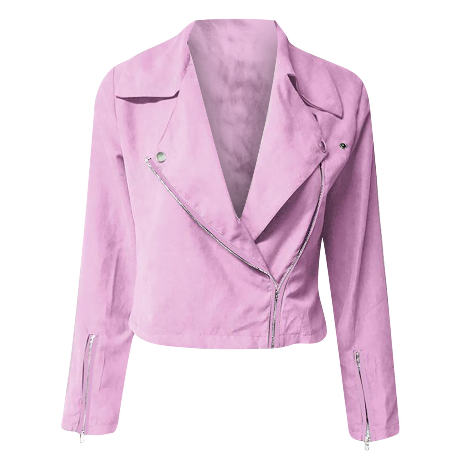 Fartey Clearance Womens Faux Leather Short Jacket Fashion Zip Up Moto Biker Slim Fit Jackets Dressy Casual Notch Lapel Solid Color Long Sleeve Coats