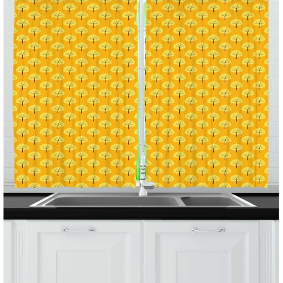Autumn Kitchen Curtains, Fall Season Willow Trees Pattern Fall Woodland Beauty Harvest Graphic, Two Panels Drapes with Rod Pocket Room Decor, 55" X 45", Yellow and Orange, by Ambesonne