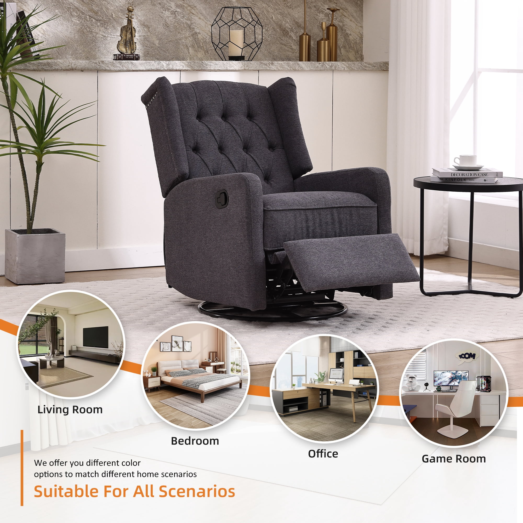 MOONMISS Linen Upholstered 360 Degree Swivel Rocking Recliner Chair for Bedroom,Living Room-Dark Gray