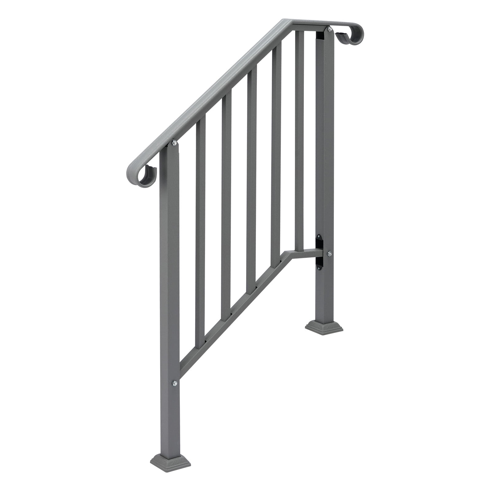 Silver Powder Coated Galvanized Iron Curved Stair Handrail Fit 2 Steps Outdoor Garden Picket Step Safety Railing With Full Installation Hardware