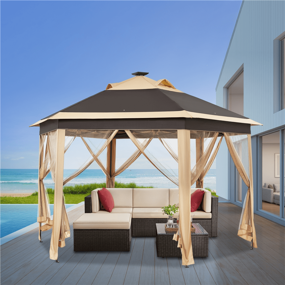 Alden design 13′*11′Hexagonal Pop-Up Gazebo W/ Mesh Netting Sides & 25 Solar LED Lights, Khaki/Brown