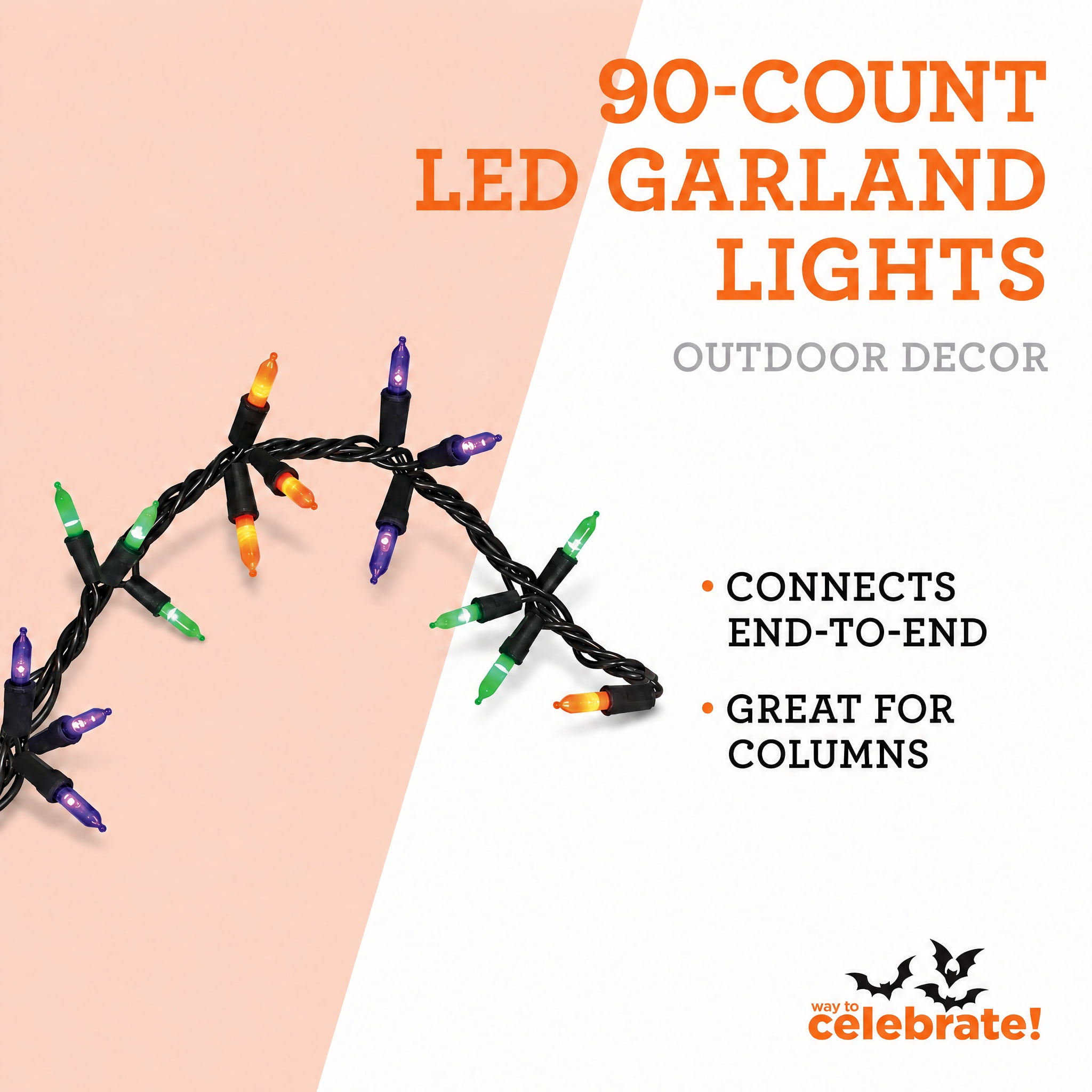 Indoor/Outdoor 90-Count LED Garland Lights, Multicolor, 9', Halloween by Way To Celebrate