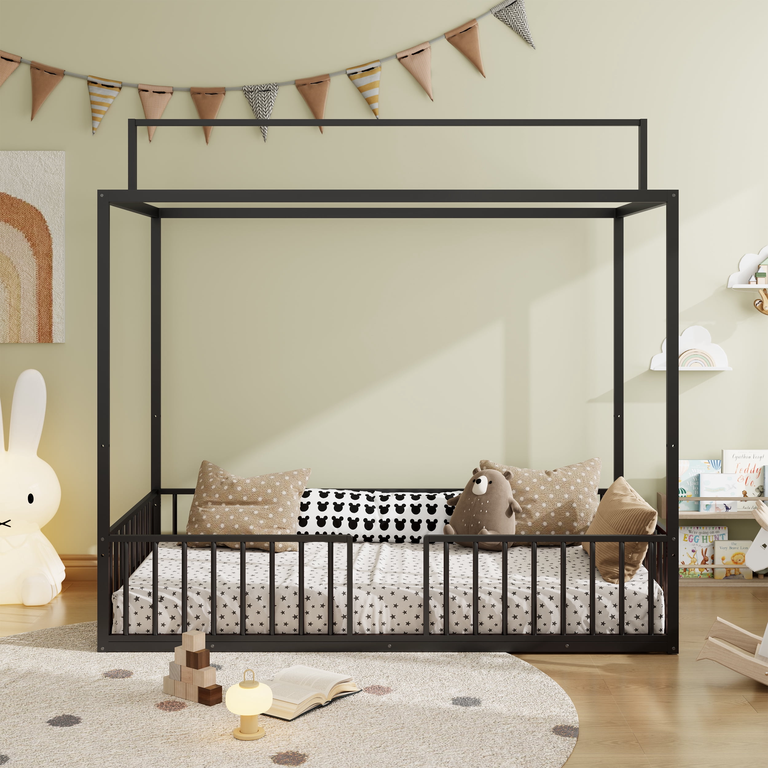 Euroco 3-in-1 Convertible Montessori Metal Bed, Toddler Bed, Floor Bed, Platform Bed,Modern Minimalist Design Canopy Bed Flame, Easy Assembly, Twin Size, Black