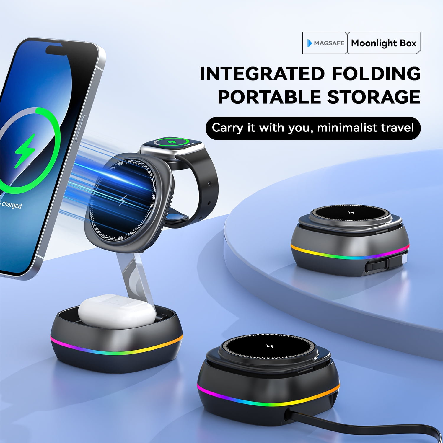 3-in-1 Foldable Wireless Charger Stand, 15W Fast Charging Station for iPhone, Apple Watch, AirPods, Desktop & Car Mount Compatible with iPhone 16/15/14/13/12 Series