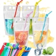thumbnail image 1 of 100 Bolsas para Bebidas（1000ml）con 100 Popote,Bolsas Reutilizables para Bebidas Transparentes con Pajitas de Pl&aacute;stico,Bolsas de Mano Transl&uacute;cidas para Bebid, 1 of 7