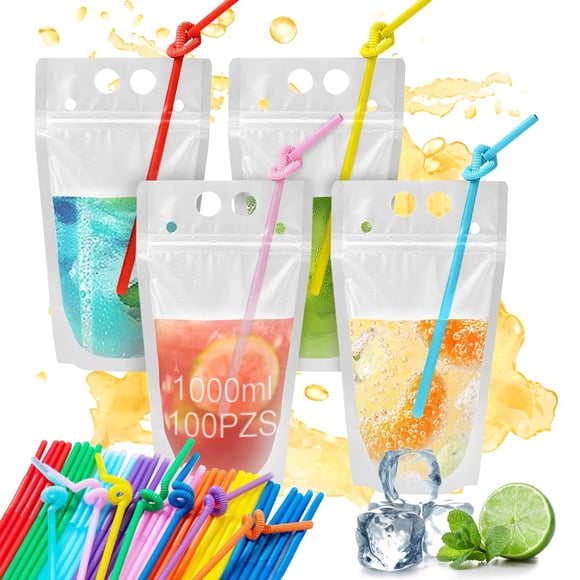 100 Bolsas para Bebidas(1000ml)con 100 Popote,Bolsas Reutilizables para Bebidas Transparentes con Pajitas de Plástico,Bolsas de Mano Translúcidas para Bebid
