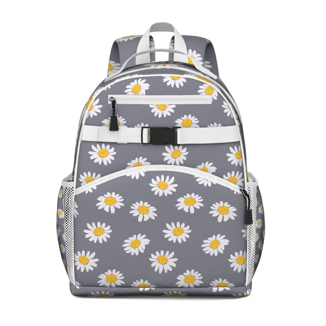 White Daisy Floral Artwork Student Backpack Adjustable Padded Straps and Chest Strap Water-resistant School Backpack with Large Capacity for Daily Use
