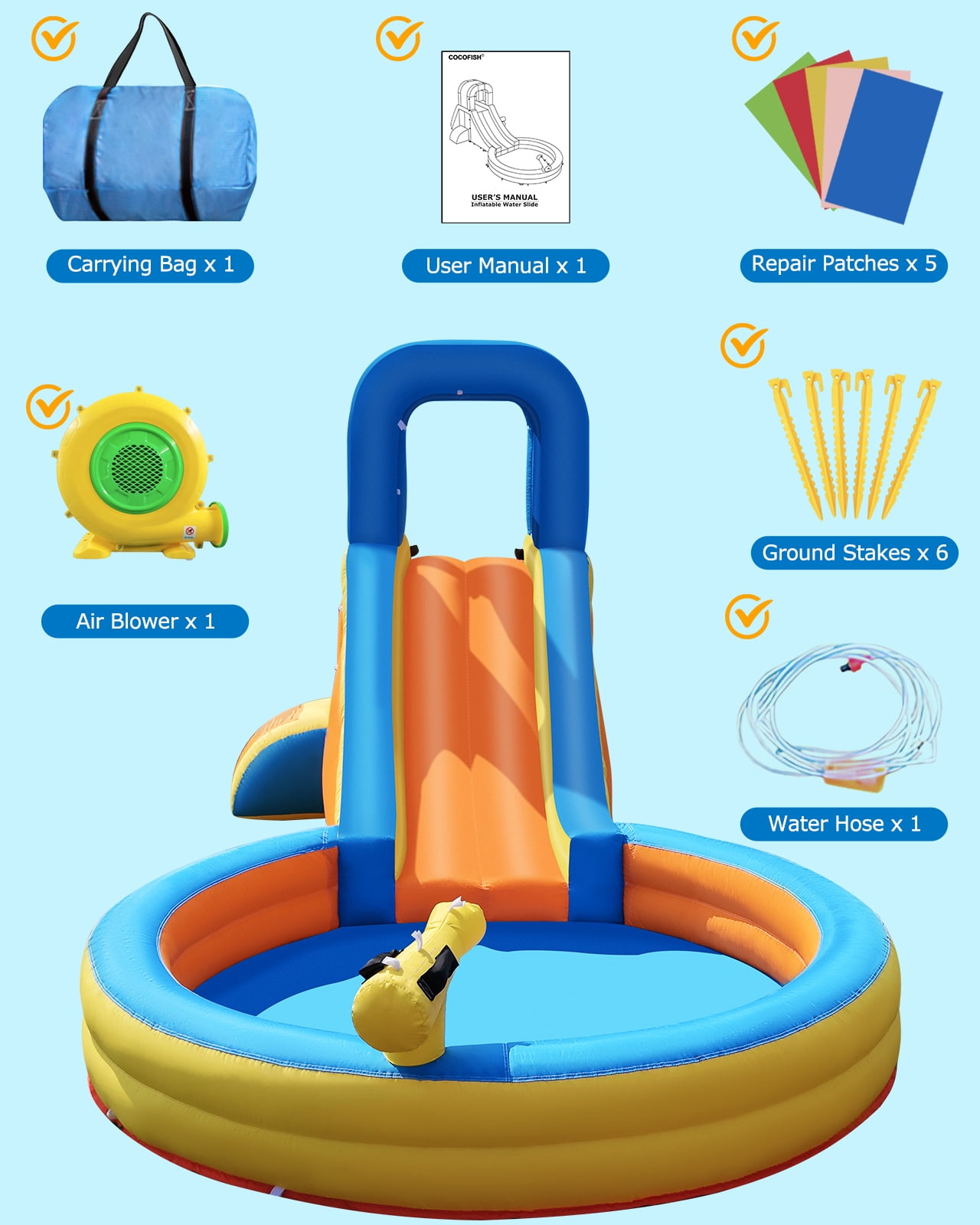 COCOFISH 5-in-1 Kids Water Slide Bounce House for Indoor/Outdoor, with Slide, Climbing Wall, Splash Pool, Water Cannon & Blower