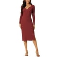 thumbnail image 2 of Vestido de suéter midi de punto ajustado con cuello en V y frente retorcido de manga larga para mujer, corte lateral, talla XL, color rojo vino, 2 of 6
