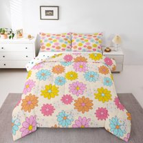Homewish Colorful Groovy Floral Queen Comforter Set for Teens, Rustic Farmhouse Bedding Sets, Yellow Cartoon Theme Reversible Bedding Comforter Set, Microfiber Bedroom Decor, 3pcs