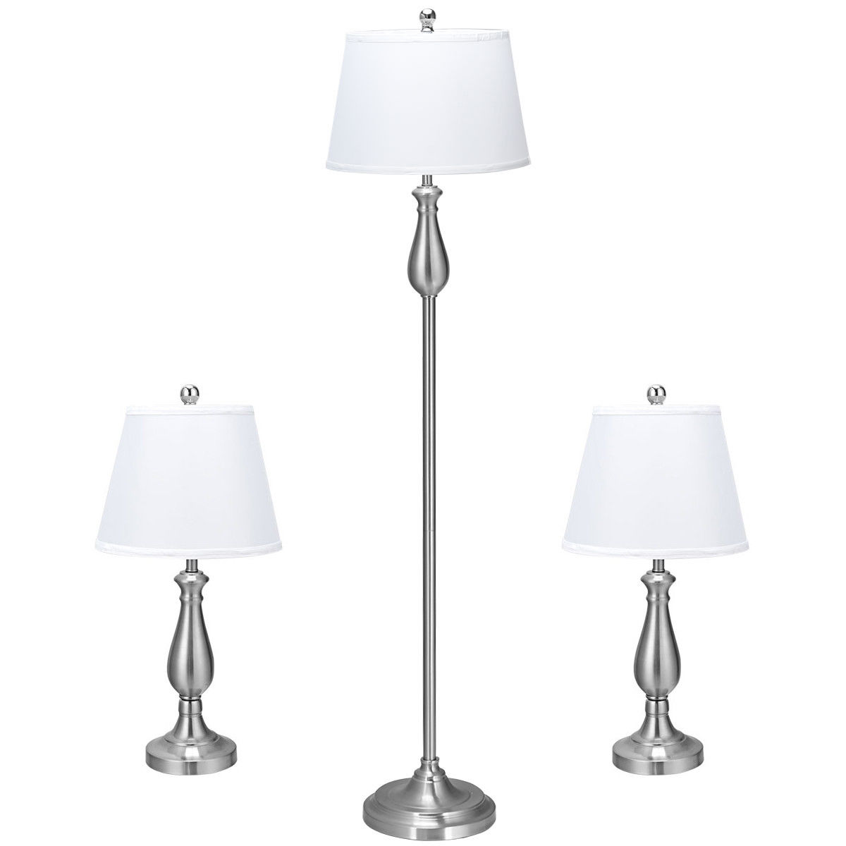 Modern Lamp Set of 3 in Satin Nickel Finish with White Fabric Shades 2 Table Lamps, 1 Floor Lamp Smeike Three Pack Lamp Set H Solid Iron 3-Piece Table and Floor Lamp Set 60 and 25