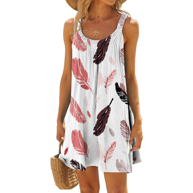 Vestidos de Dama Vestido Informal de Playa Con Tirantes Al Hombro, Plisado, Sin Mangas y Estampado de Plumas de Moda de Verano Para Mujer