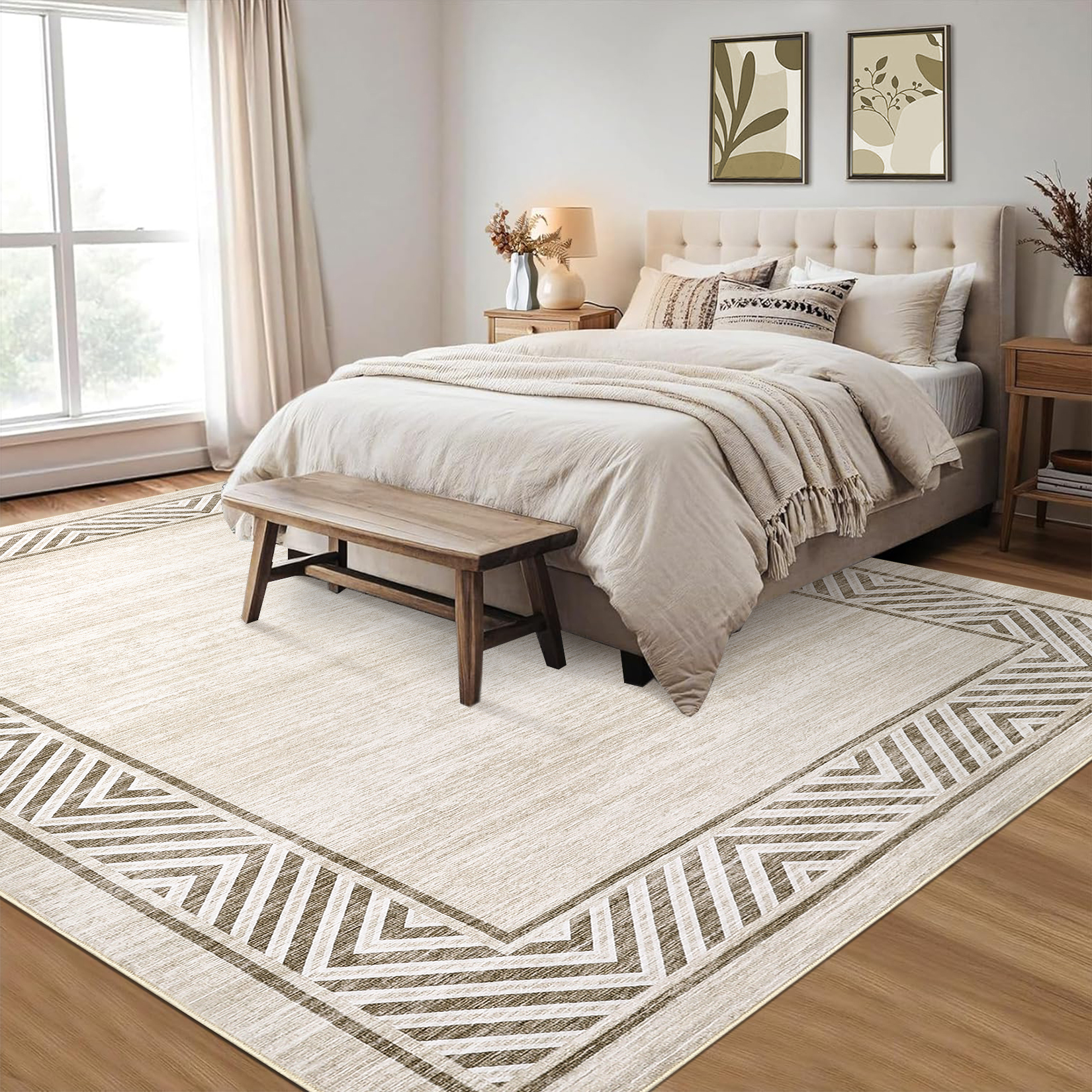 Garvee 9'x12' Geometric Bordered Area Rug Living Room Carpet, Washable Rug Non-Slip Non-Shedding Low Pile Floor Mats for Bedroom Home Office, Beige