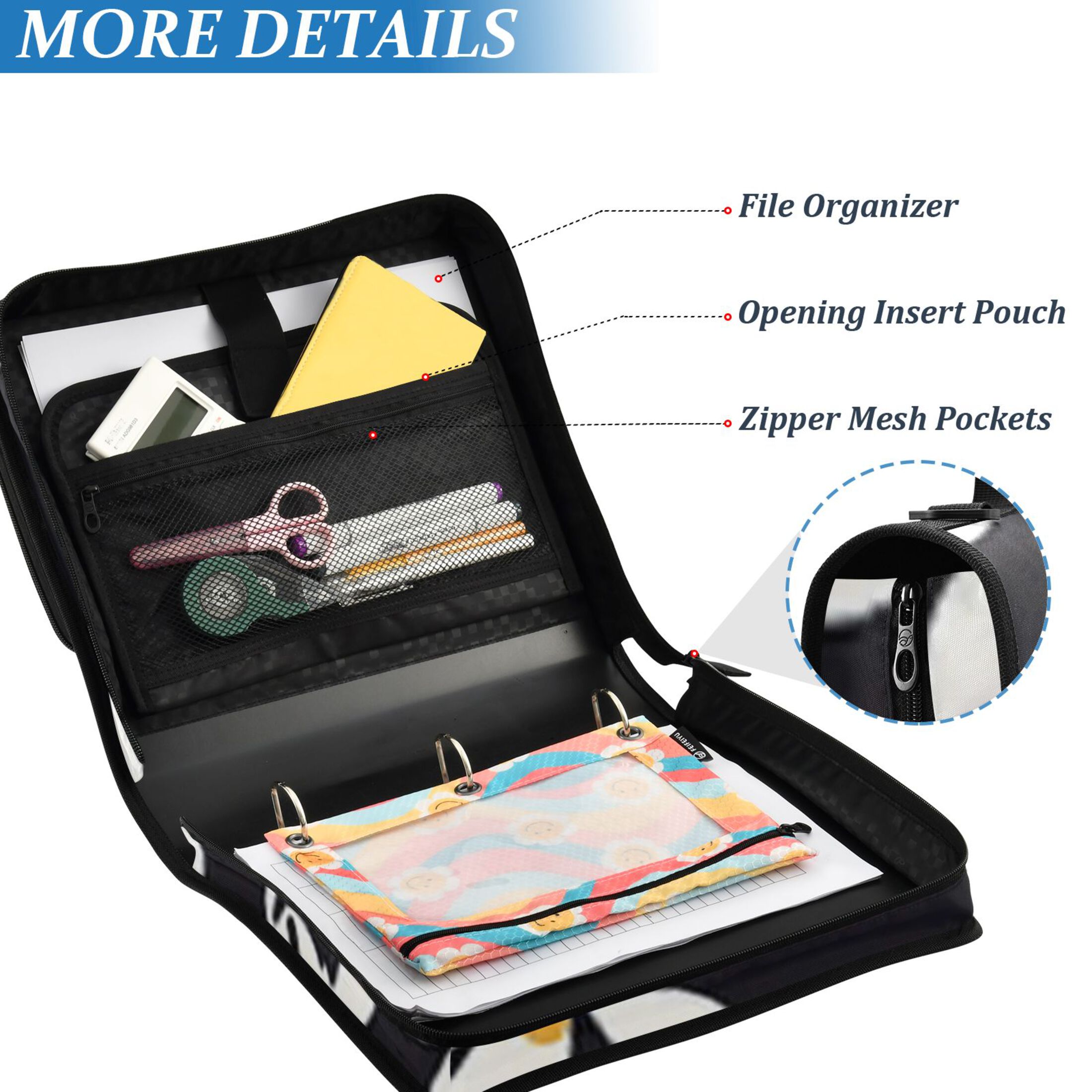 Zipper Binder Black Background White Flower 1.5 Inch Binder Folder Bag with Shoulder Strap and Handle
