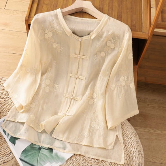 Zysthvn Embroidered Casual Tops for Women Plus Size 3/4 Sleeve Summer Women T Shirt Breathable Loose Fit Printed Crew Neck