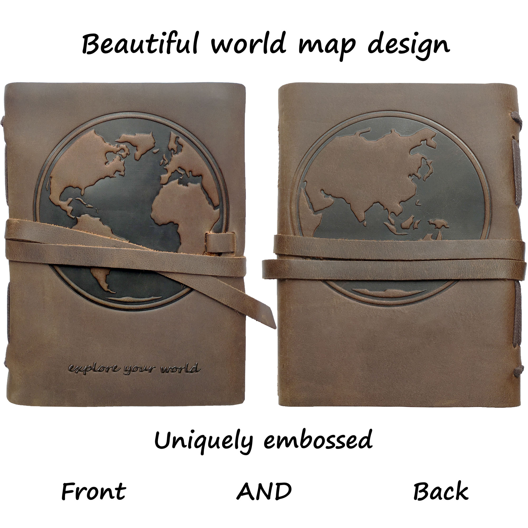 Leather Bound Journal for Men and Women, Handmade Gift Set with World Map Embossed Journal and Stylish Pen, Vintage and Classic, Notebook, Sketchbook, Planner and Diary (300 Pages) (8x6")