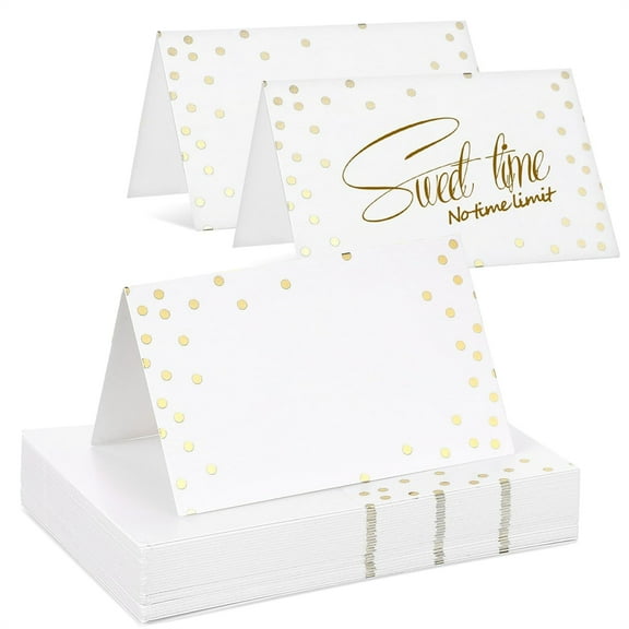 50 Sheets Dotted Gold Foil Place Cards,White Blank Table Name Cards,3.5” x 2.2” Delicate Seating Cards,Table Setting Tent Cards,for Wedding Birthday Banquet Buffet food label By Scheam