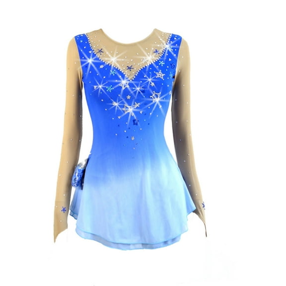 LIUHUO Custom Figure Skating Dress Girls Ladies Spandex Blue Gradient with Snowflake Star Embellishments