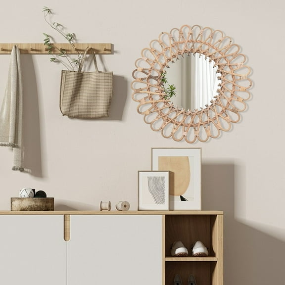 Nordic Rattan Wall Mirror with 15.75" Diameter, 7.87" Round Mirror, Lightweight and Easy Wall-Mounted Decor for Home