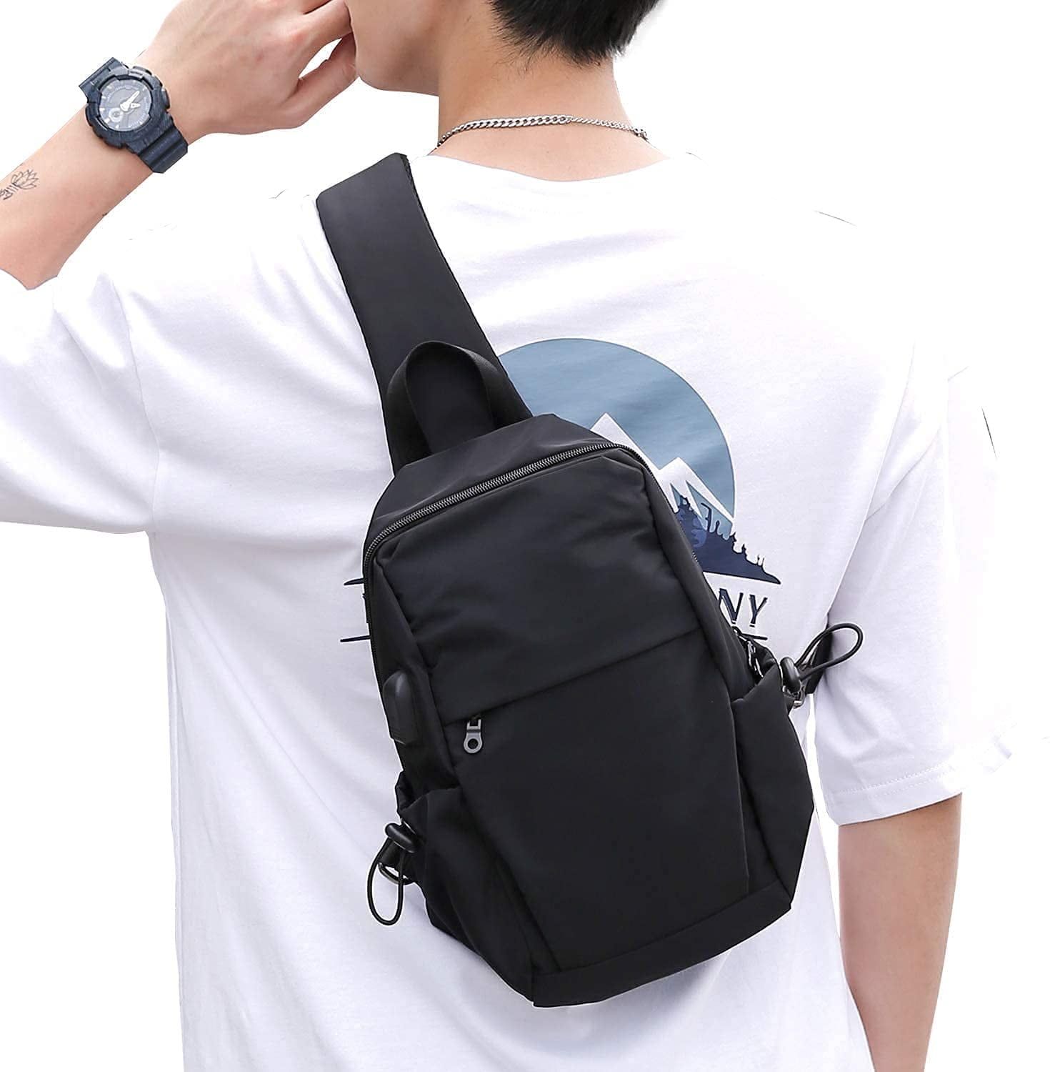 Men Women Small Sling Bag Nylon Water Resistant One Strap Backpack Shoulder Crossbody Bags with USB Charging Port Black
