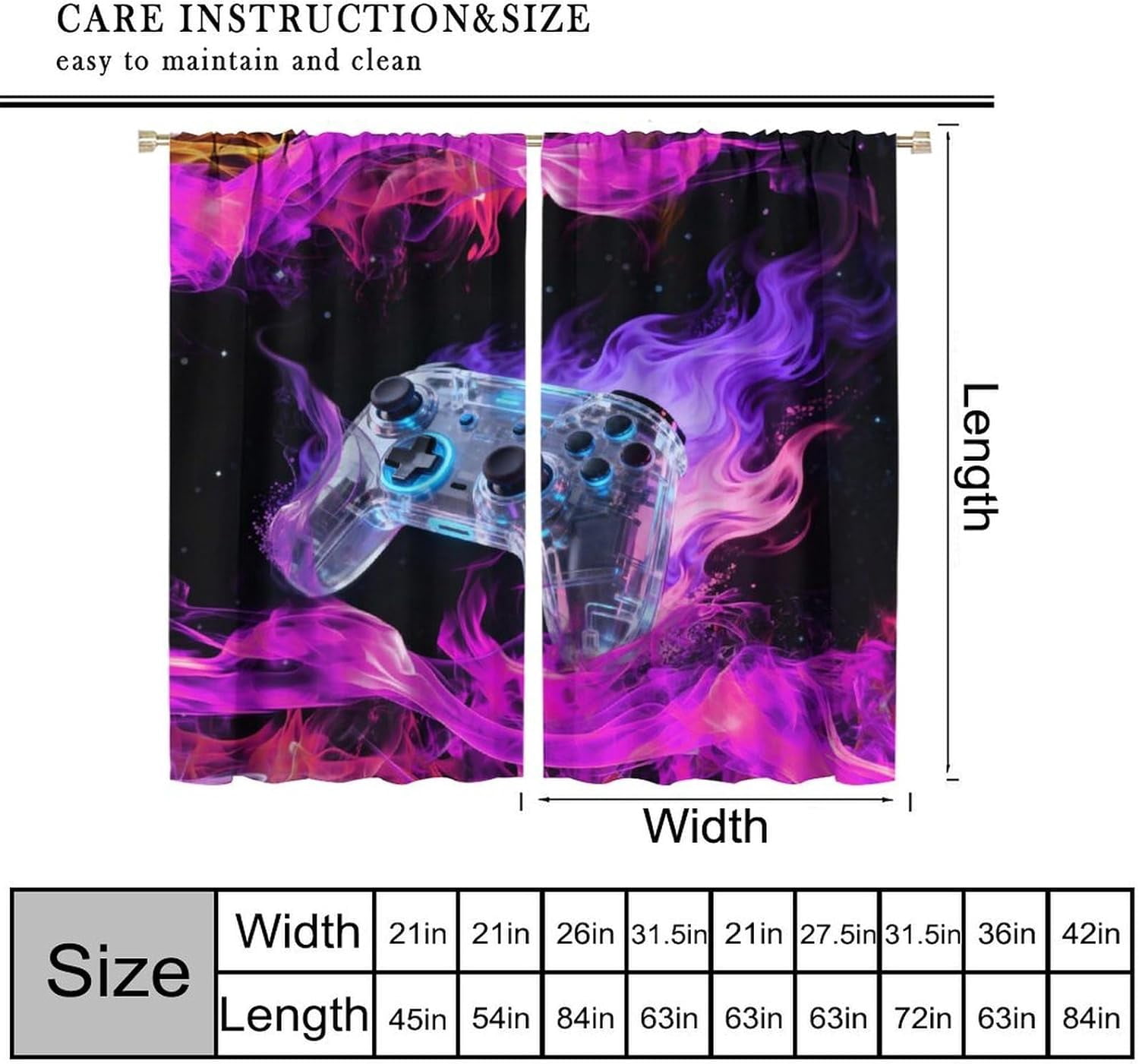 Gamer Curtains for Boys Teens,Purple Flame Creative Game Controller Cool Video Game Print Blackout Rod Pocket Window Treatments Drapes for Bedroom Playroom Home Decor 84" W X 84" L
