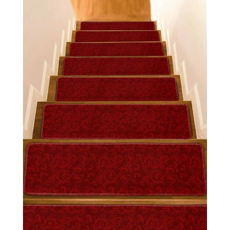 Red Floral Stair Treads for Wooden Steps Indoor Runner Rug Carpet Country Farmhouse Abstract Flowers Pattern 4 Pieces Peel and Stick Staircase Step Treads Covers Washable Throw Door Mats 30 x8