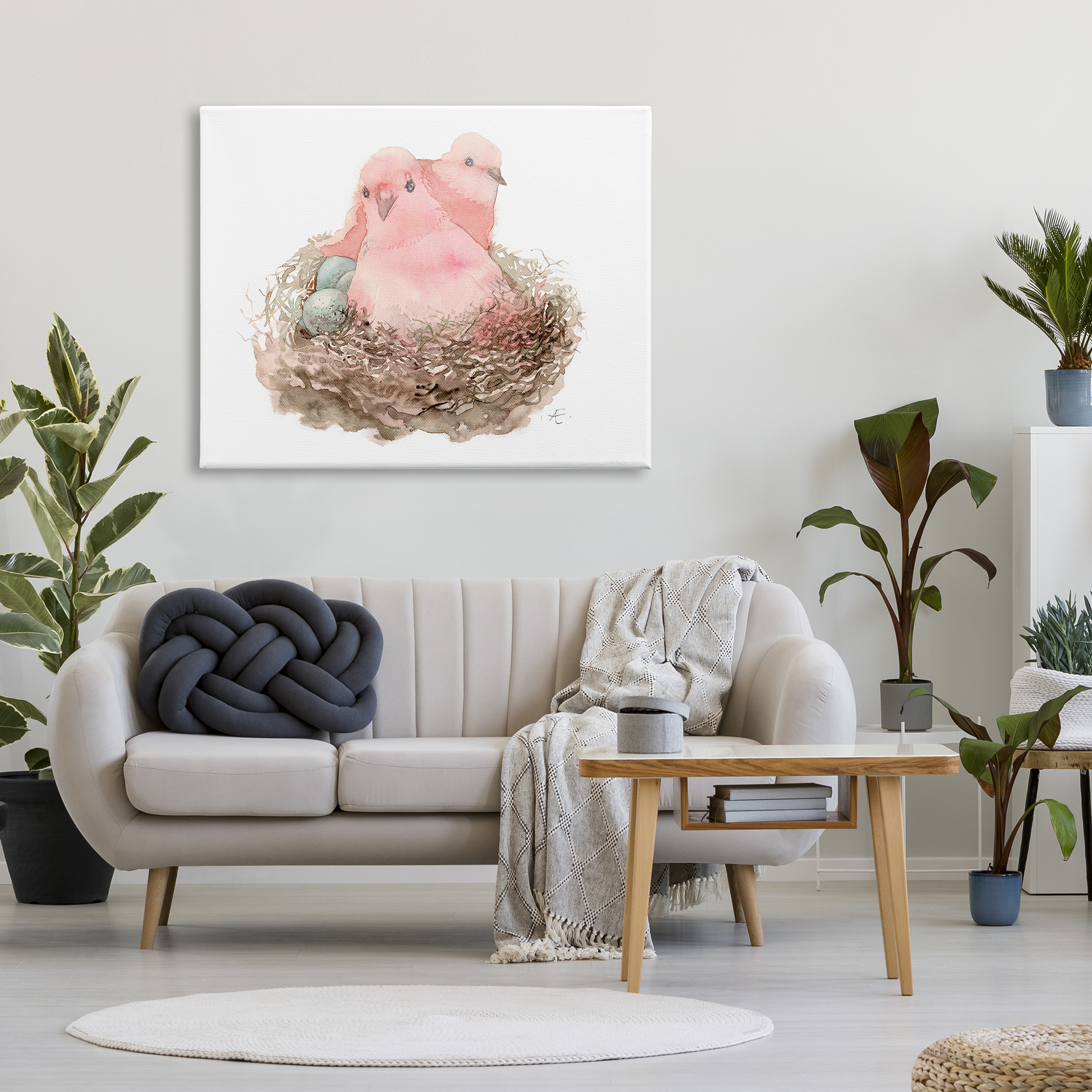 Stupell Industries Pink Birds Nesting with Soft Blue Eggs Animals & Insects Painting Gallery Wrapped Canvas Print Wall Art, 36 x 48