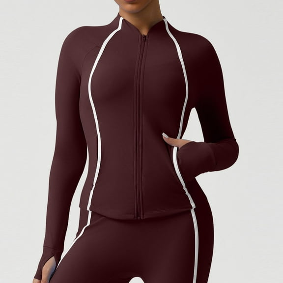 Ounisa Womens Long Sleeve Workout Coats Tops Pullover Sun Sweatshirts Slim Line Print Fit Gym Jacket Golf Clothes Weightless Track Athletic Full Ziper Outerwear with Thumb Holes