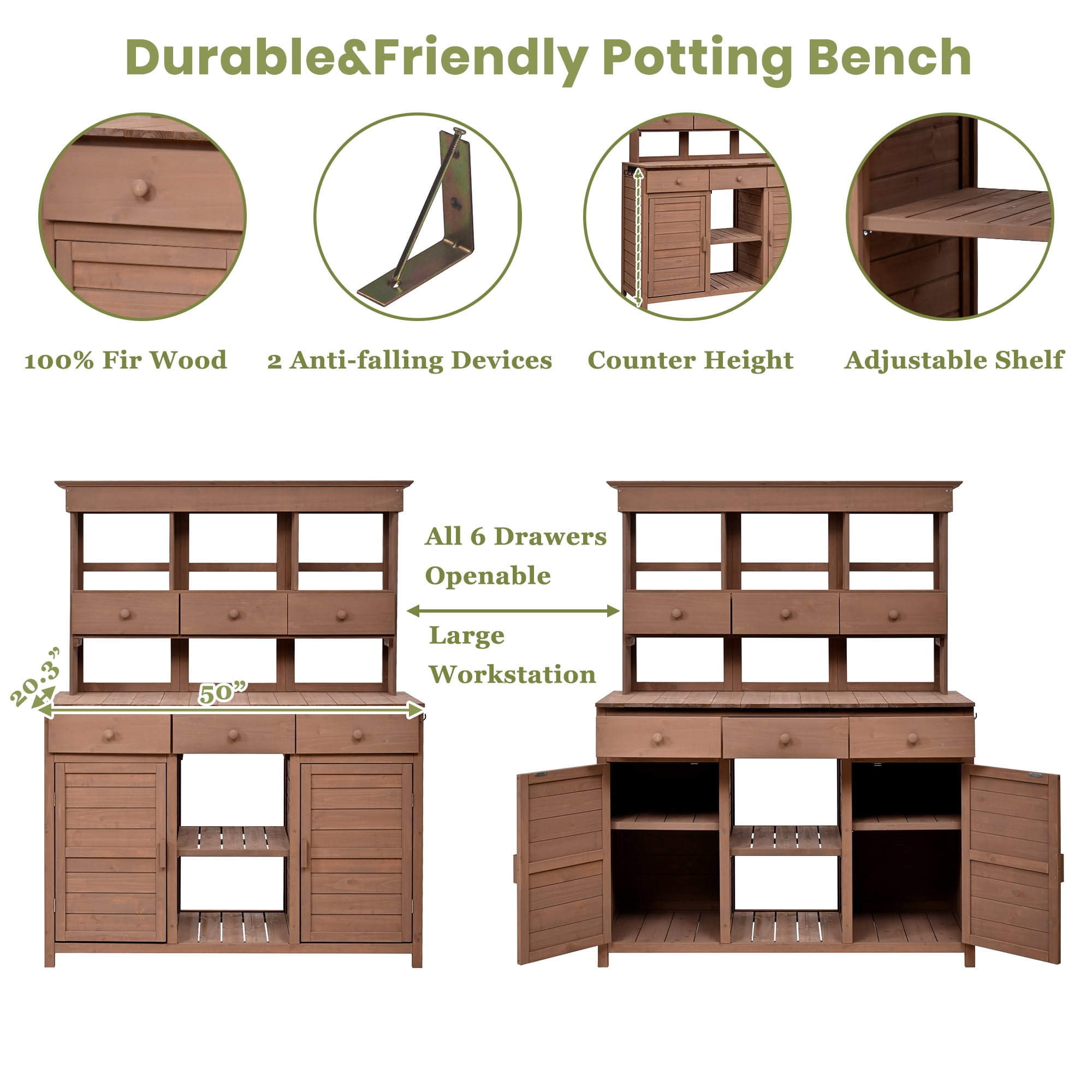 MAYEERTY 65.7" Tall Garden Potting Bench Table with Hutch – Rustic Outdoor Workstation with 3 Shelves, 6 Drawers, 2 Cabinets & Side Hooks