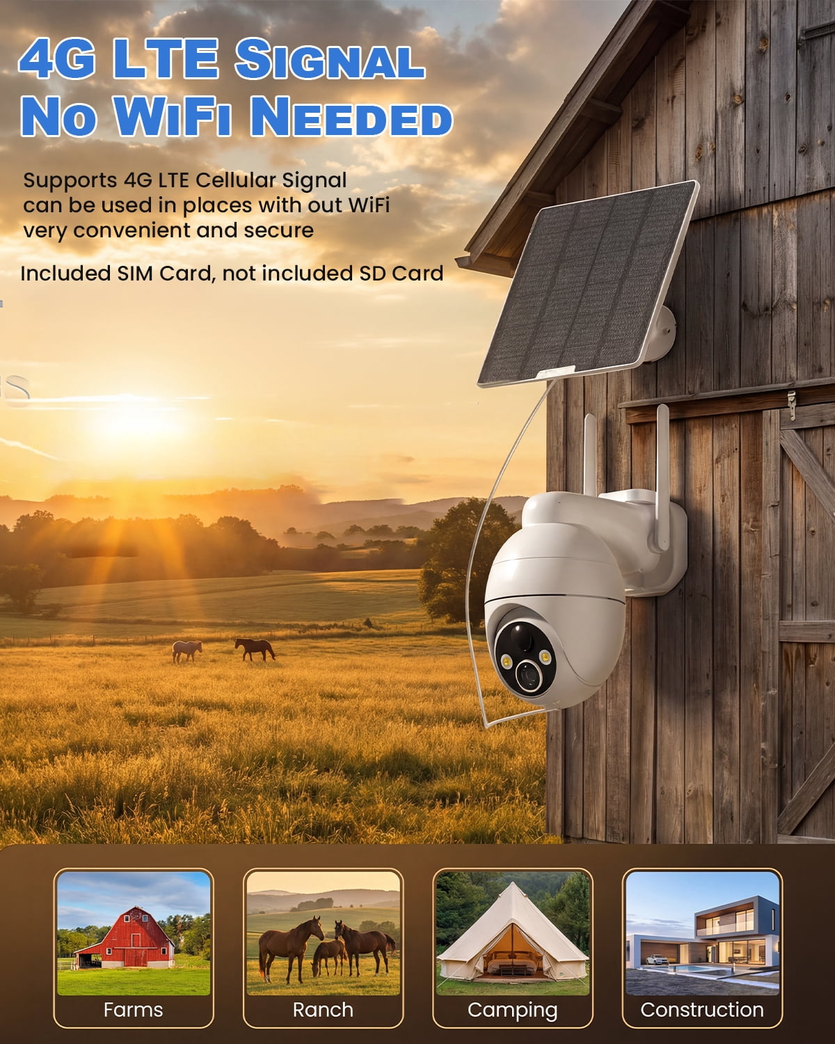 Generic 4G LTE Solar Cellular Security Camera Built in SIM 3MP PTZ No WiFi PIR Alerts 2 Way Audio