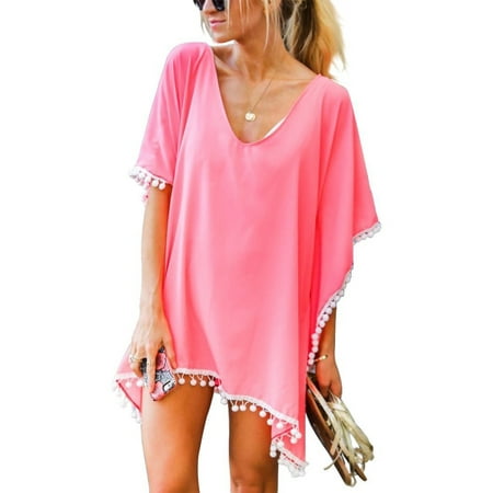 SAYFUT Women Chiffon Tassel Swimsuit Cover up Beach Bikini Stylish Pompom Tassel Trim Bathing Suit Swimwear Cover ups