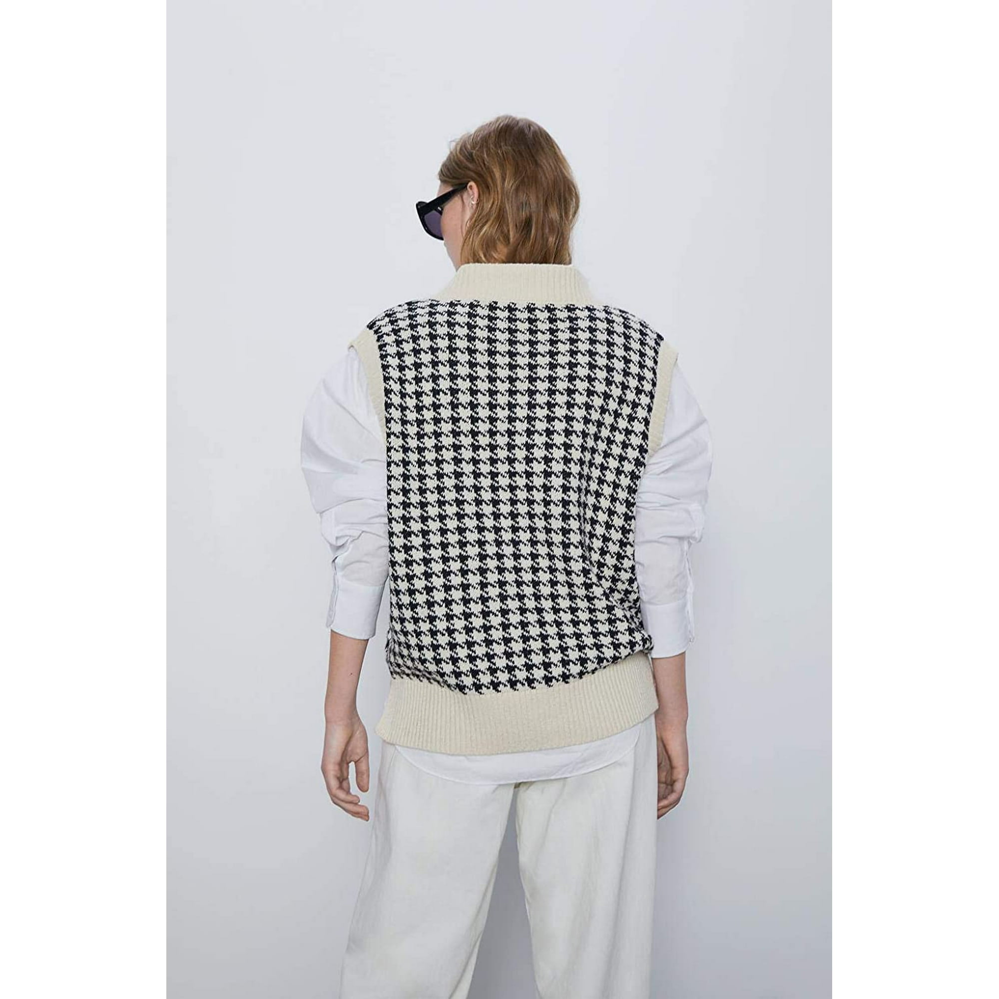 Women Houndstooth Pattern Knit Sweater Vest Sleeveless Loose V-Neck 90s  Waistcoat Pullover Knitwear Top | Walmart Canada