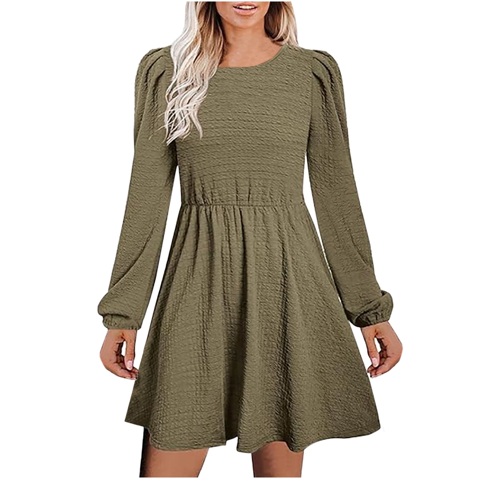 Herrnalise Womens Puff Long Sleeve Mini Dresses Crewneck A-Line Pleated  Swing Casual Solid Short Dress Olive Green - Walmart.com