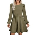 thumbnail image 2 of Blczomt Plain Dresses Women Long Sleeve Green Loose Midi A Line Flowy Crew Neck Trendy Dresses, 2 of 6
