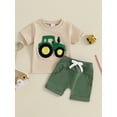 thumbnail image 4 of Toddler Baby Boys Summer Outfits Sets 3 6 12 18 24 Months 2T 3T Truck Embroidered Round Neck Short Sleeve T-Shirts Elastic Waist Shorts 2Pcs Clothes Set, 4 of 9