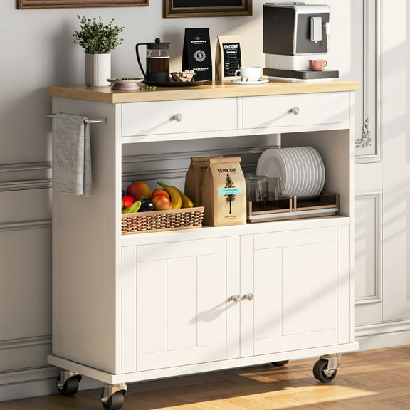 Rolling Kitchen Island with Storage Cabinet & 2 Drawers, 35.4" W Mobile Kitchen Cart with Wood Top, Portable Mobile Kitchen Island with Lockable Wheels, Towel Rack and Adjustable Shelves, White