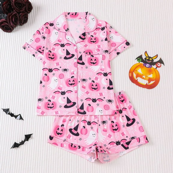 Pajamas for Women Set 2 Pieces Halloween Button Down Collared Halloween Pumpkin Printed Short Sleeve Tops And Shorts Lounge Set Casual Soft Comfy Summer Womens Pajamas Pink L