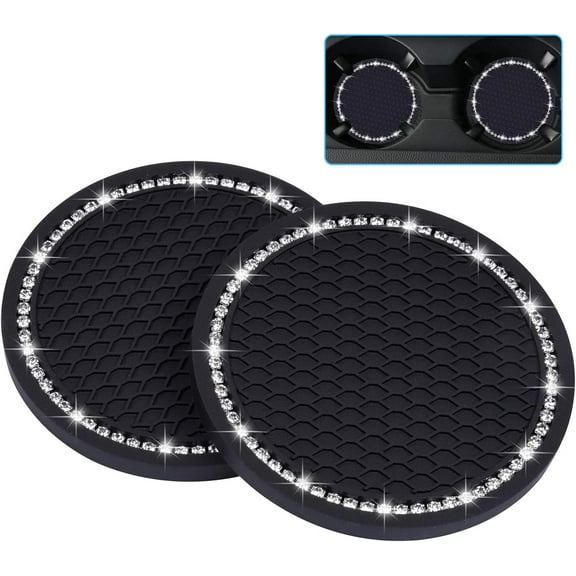 Bling Car Coasters, 2 Pack PVC Car Cup Holder Gadget Auto Insert Coaster - Anti Slip Universal Vehicle Interior Accessories Sparkly Crystal Cup Mats for Women and Men (2.75" Diameter) Black