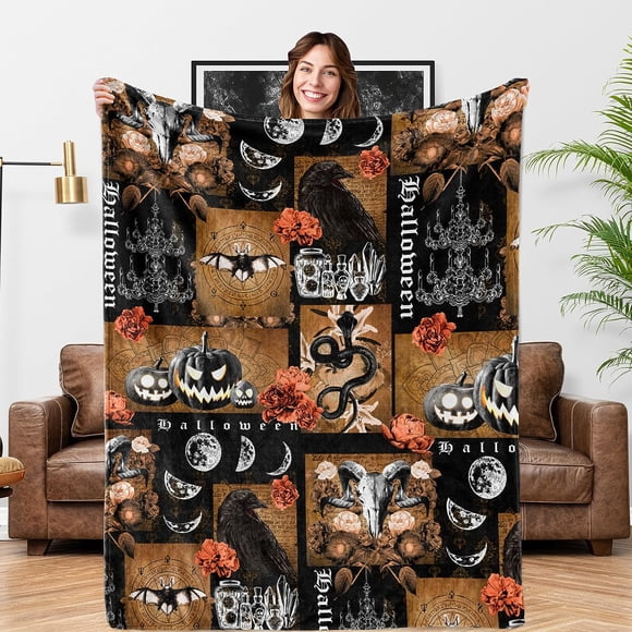 Halloween Blanket Witch Gifts Raven Fleece Blanket Lightweight Throw Halloween Decor 50"x60"