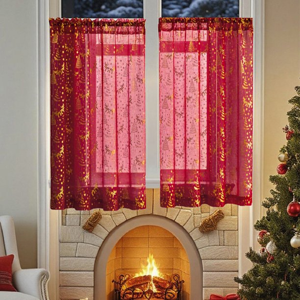 Cortina de ducha corta con sombreado navideño, bordada, para cafetería, decoración navideña