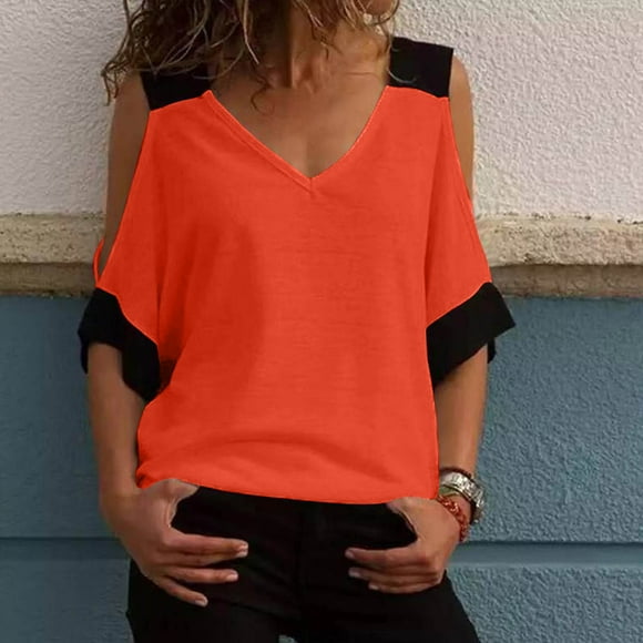 Summer Savings Clearance! Fatuov Women's Plus Size Shirts Summer Fashion V-Neck Solid Color Tunic Tops Cold Shoulder Short Sleeve Pullover Tops Red, Size 3XL