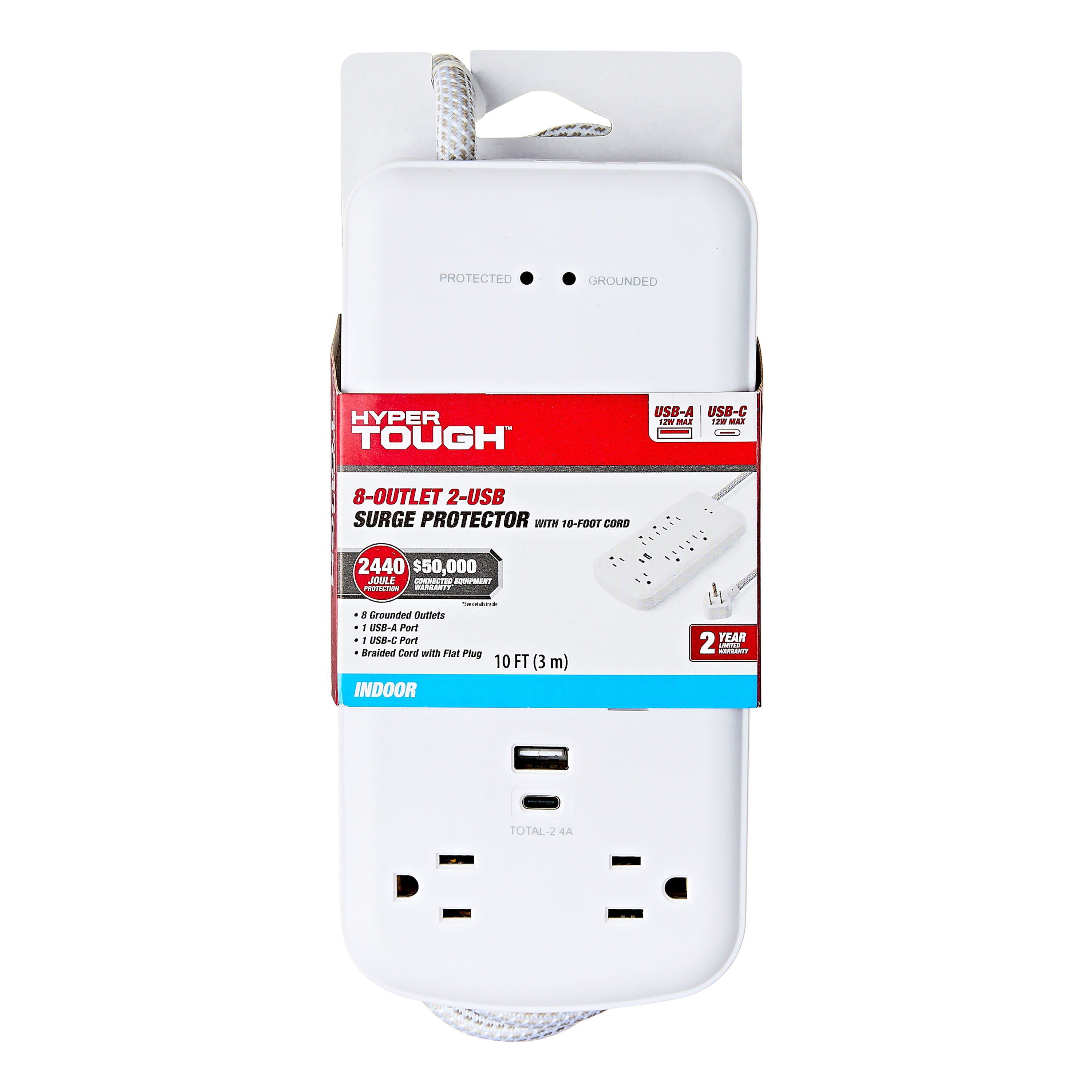 Hyper Tough Surge Protector Power Strip with USB-A, USB-C, 8 Outlets, 10ft Extension Cord, White