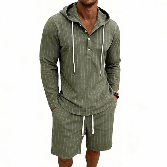LWavelet Men's Striped Linen Hooded Shirt and Shorts Set Casual Two Piece Outfit Army Green S