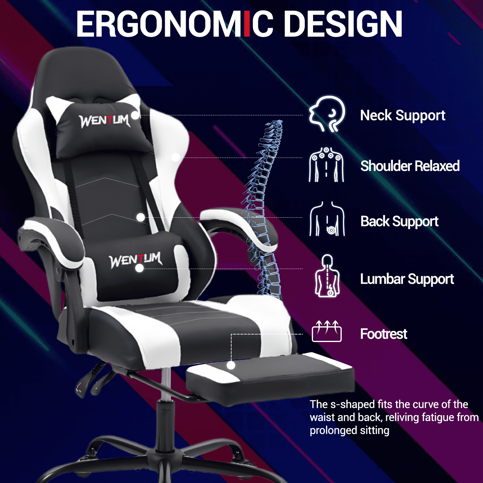 WENTUM  Ergonomic Reclining Gaming Chair with Linkage Armrests & Footrest, Racing Office Chair, PU Leather Computer Desk Chair, White